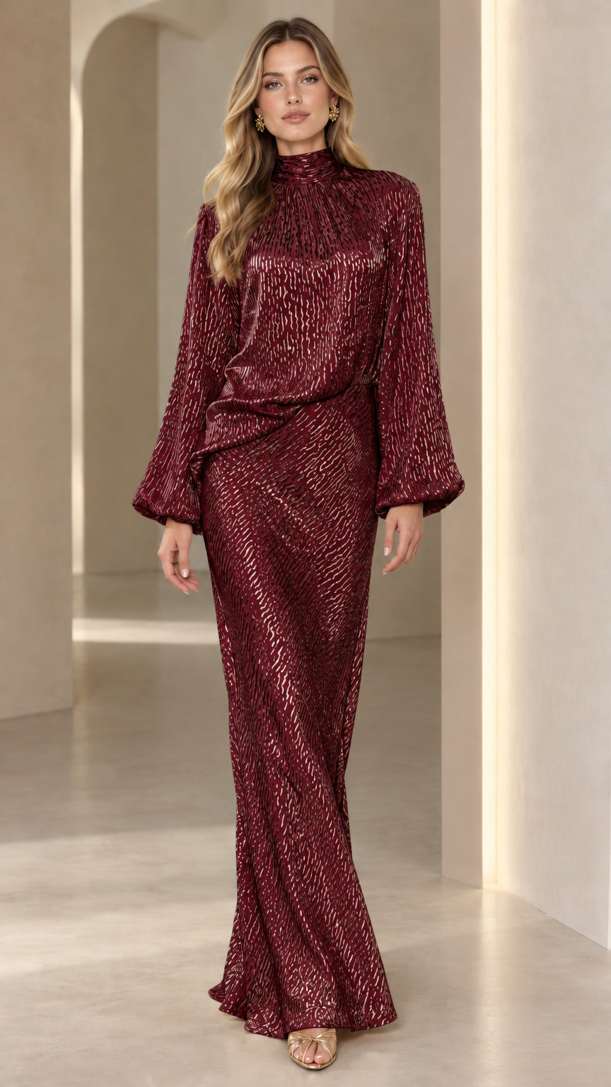 Burgundy high neck lantern sleeve textured evening maxi dress front view