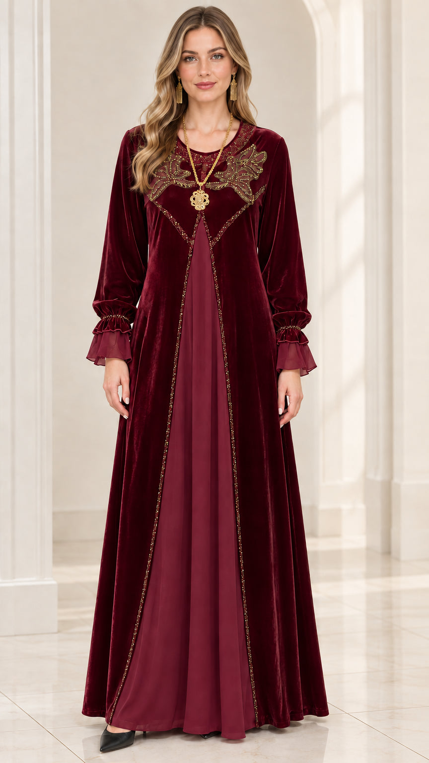 Burgundy wine red velvet maxi evening dress