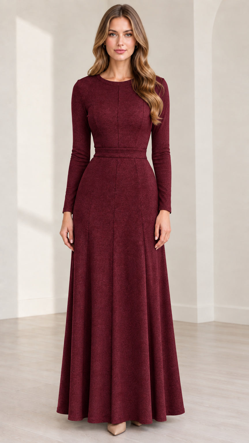 Front view of woman wearing Burgundy long sleeve crew neck maxi dress