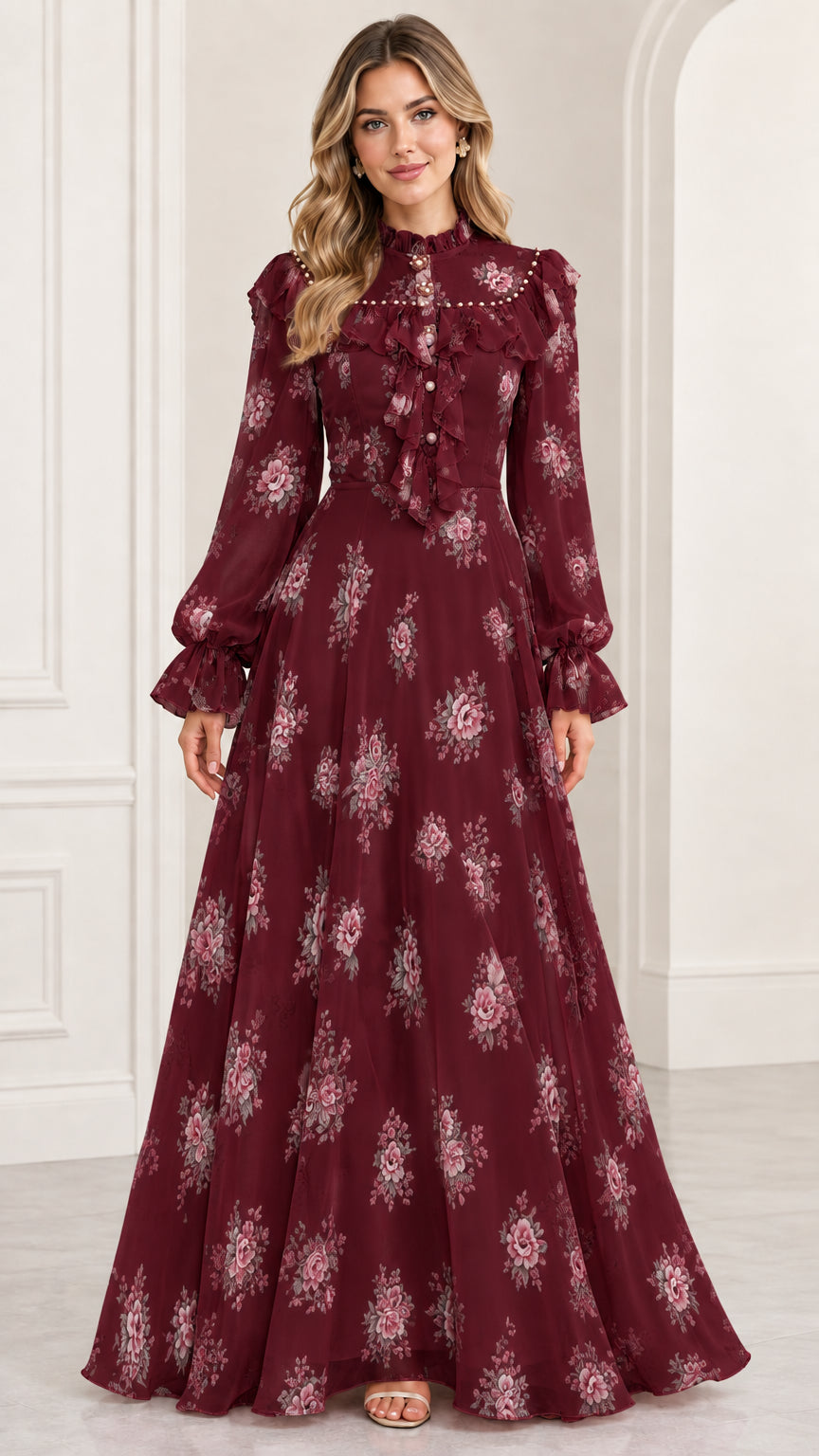 Full-length front view of woman wearing burgundy wine red floral high-neck maxi dress