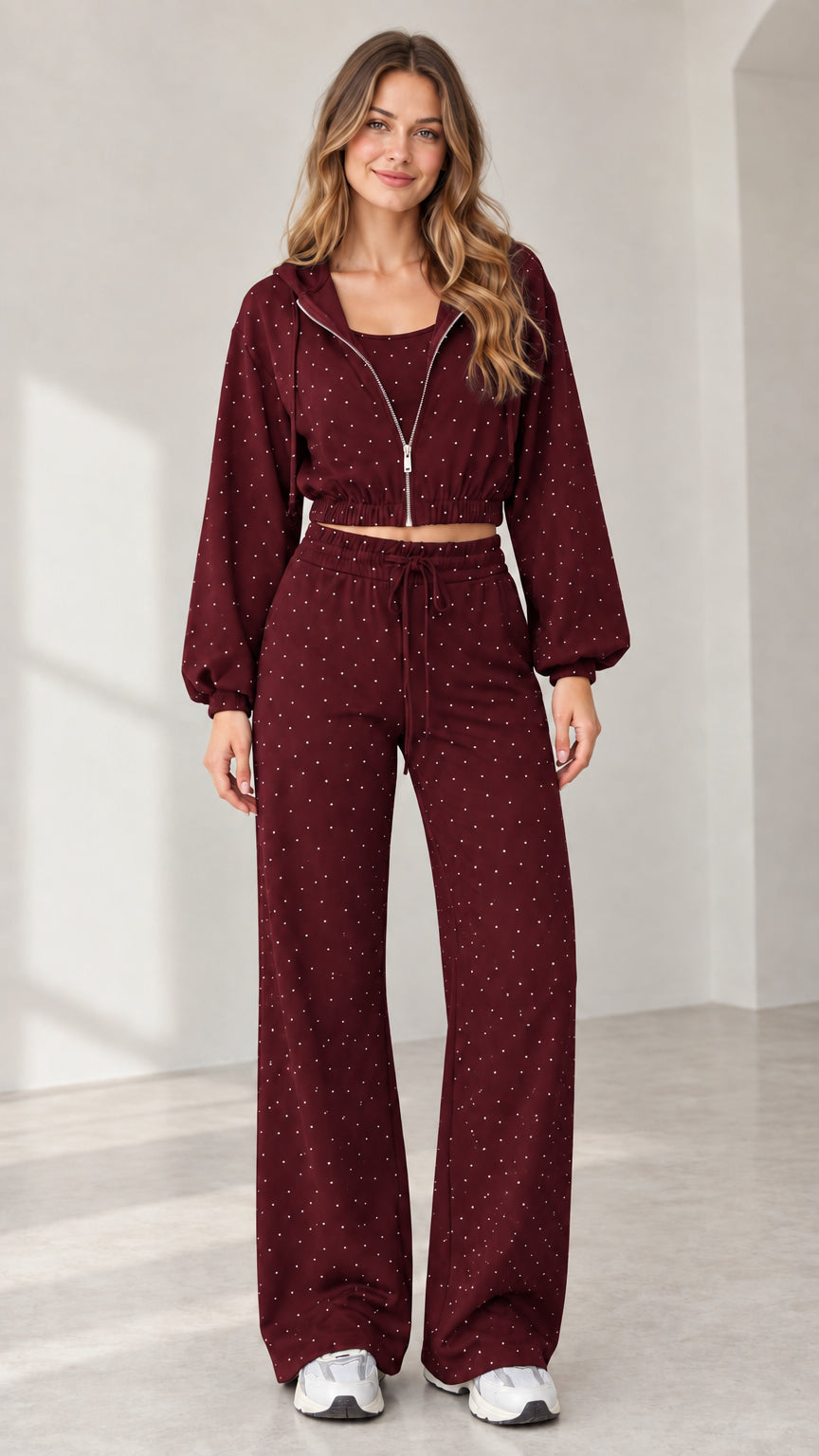 Full front view of model wearing burgundy rhinestone 3-piece lounge set