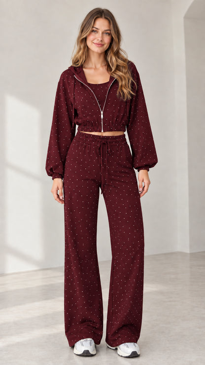 Full front view of model wearing burgundy rhinestone 3-piece lounge set