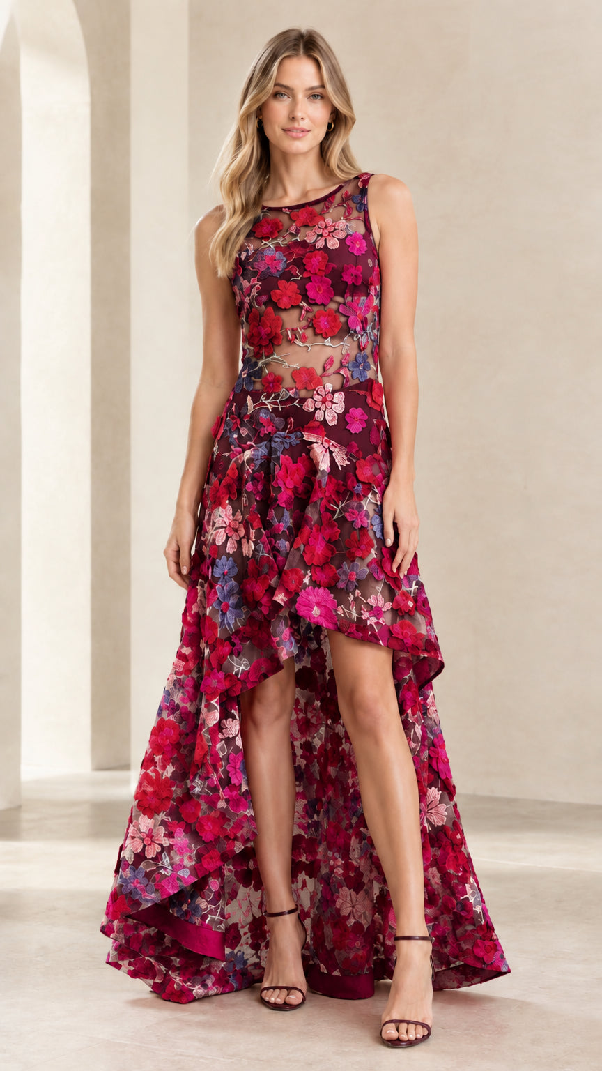 Burgundy wine floral embroidered high-low formal gown