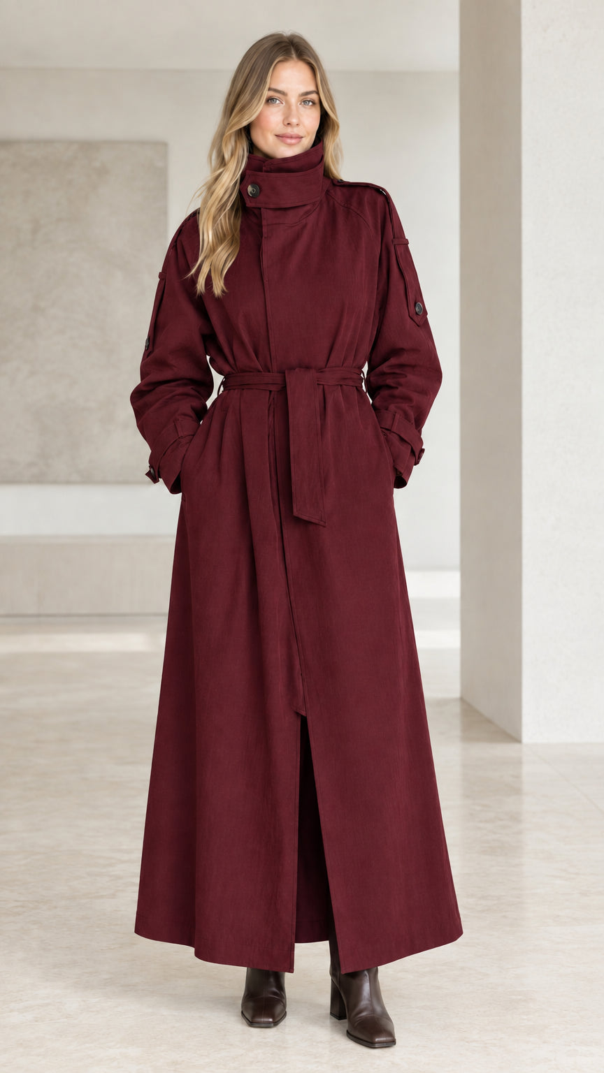 Front view of burgundy wine red maxi belted trench coat