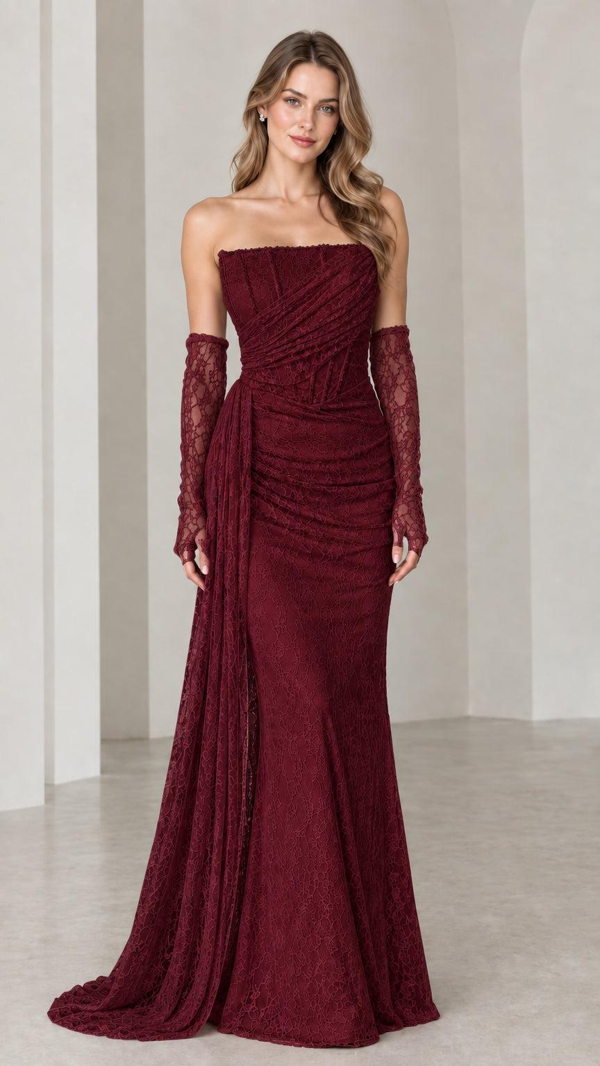 Model wearing burgundy wine red strapless lace evening gown with gloves