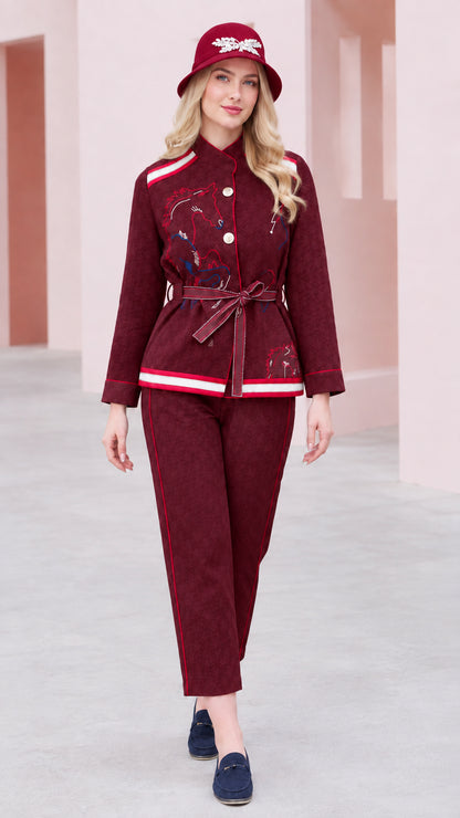 Burgundy wine red embroidered belted jacket and pant set