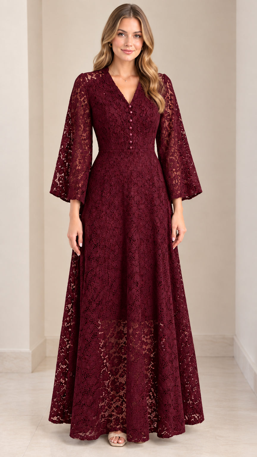 Front view of Burgundy wine floral lace bell sleeve maxi evening dress