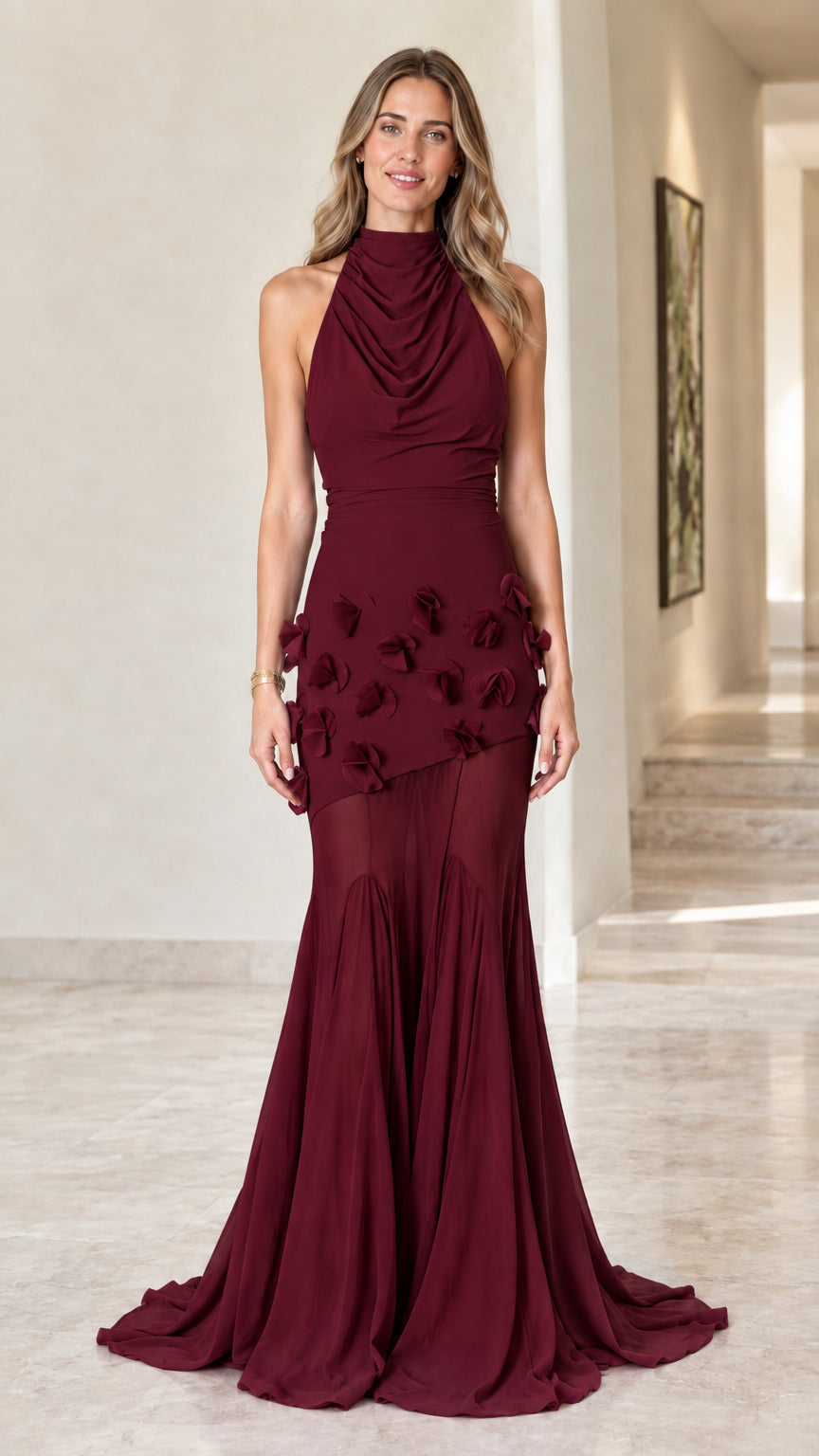Burgundy wine red cowl halter mermaid gown for formal evening events