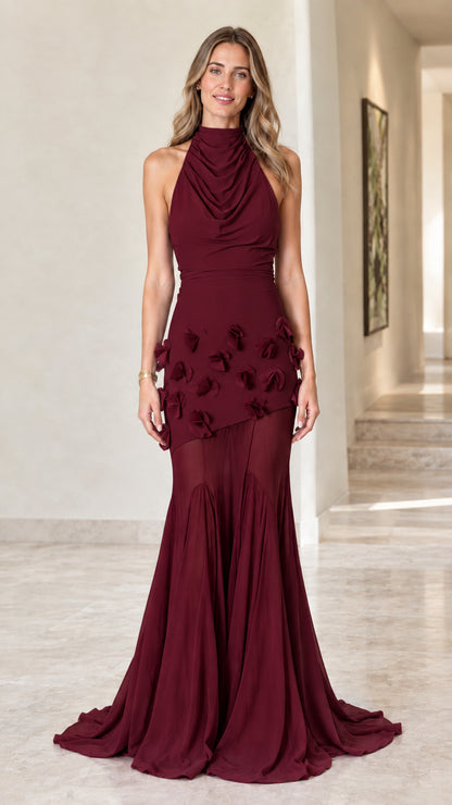 Burgundy wine red cowl halter mermaid gown for formal evening events
