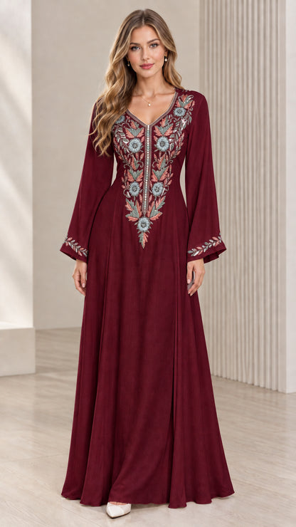 Burgundy wine red embroidered V-neck maxi dress