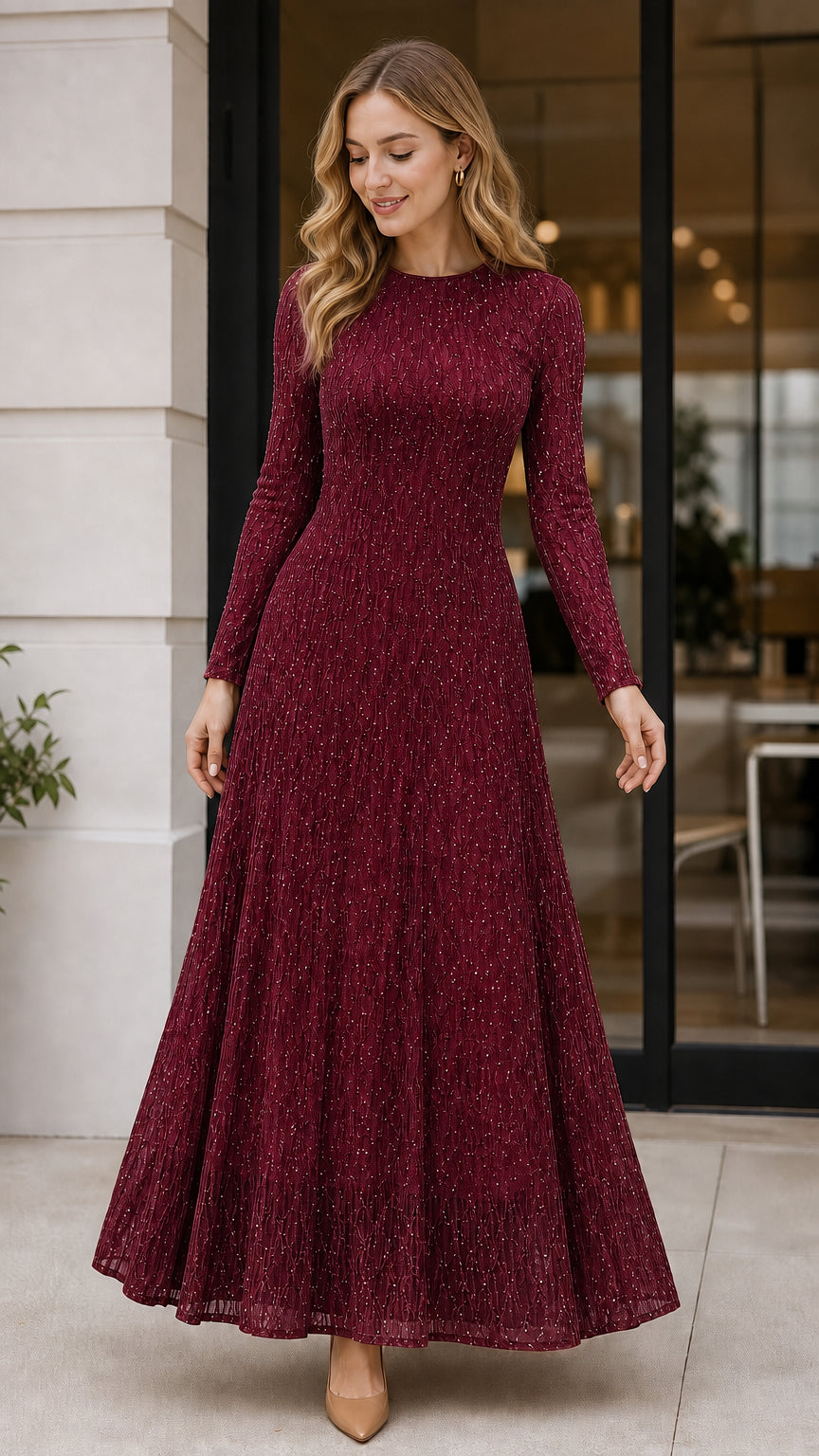 Model wearing Burgundy red shimmer long sleeve evening dress