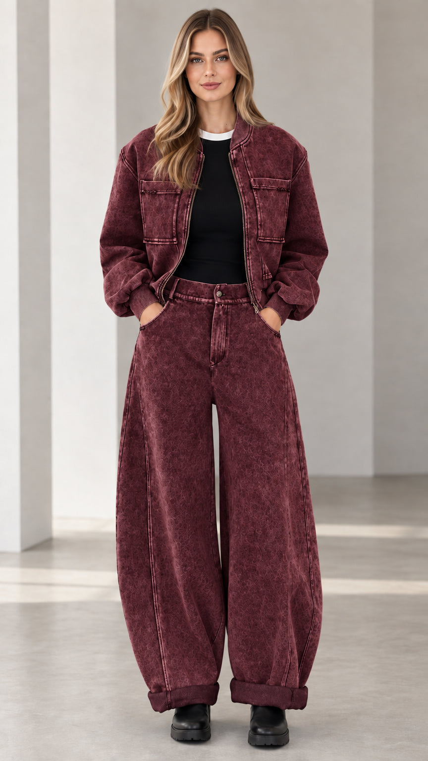 Full front view of washed burgundy red denim jacket and wide leg pants set