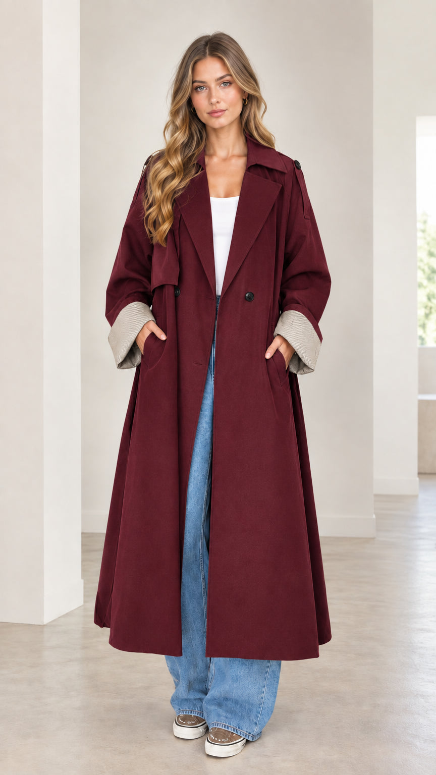 Front full-length view of woman wearing the burgundy red oversized maxi trench coat