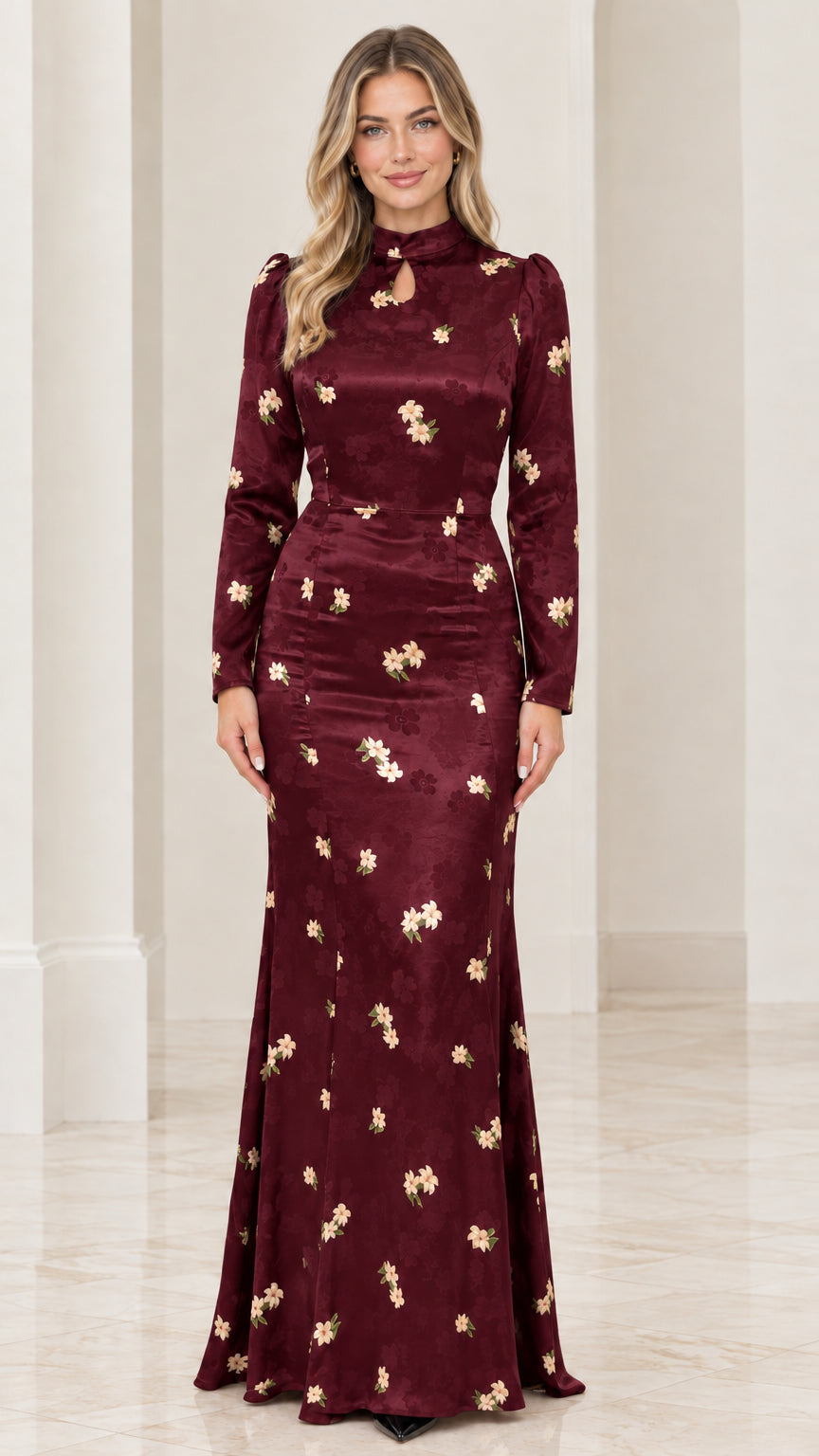 Front view of burgundy wine floral jacquard long sleeve evening dress