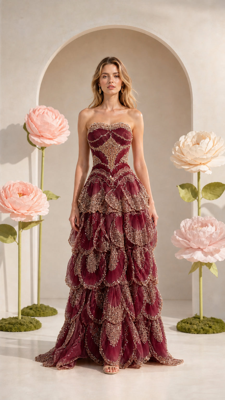 Front view of strapless tiered formal gown in deep burgundy