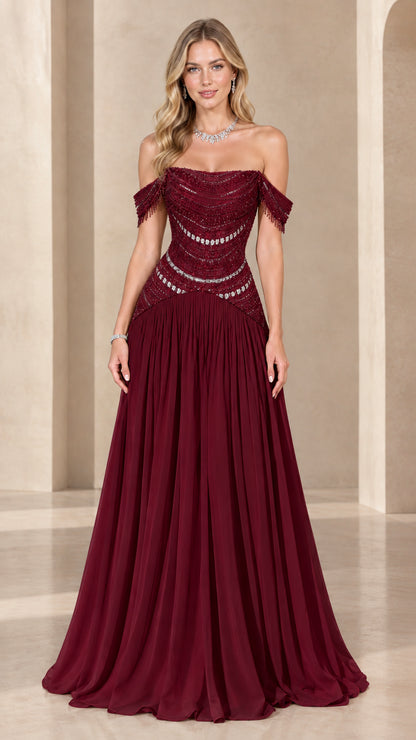 Full-length front view of burgundy wine beaded bodice formal evening gown