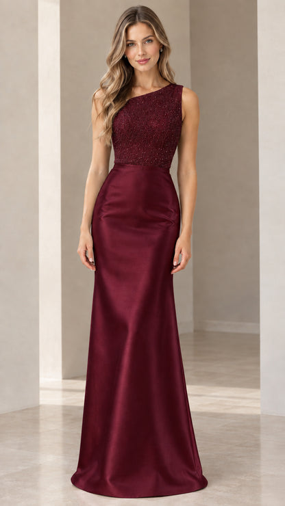 Burgundy one-shoulder beaded bodice satin formal dress