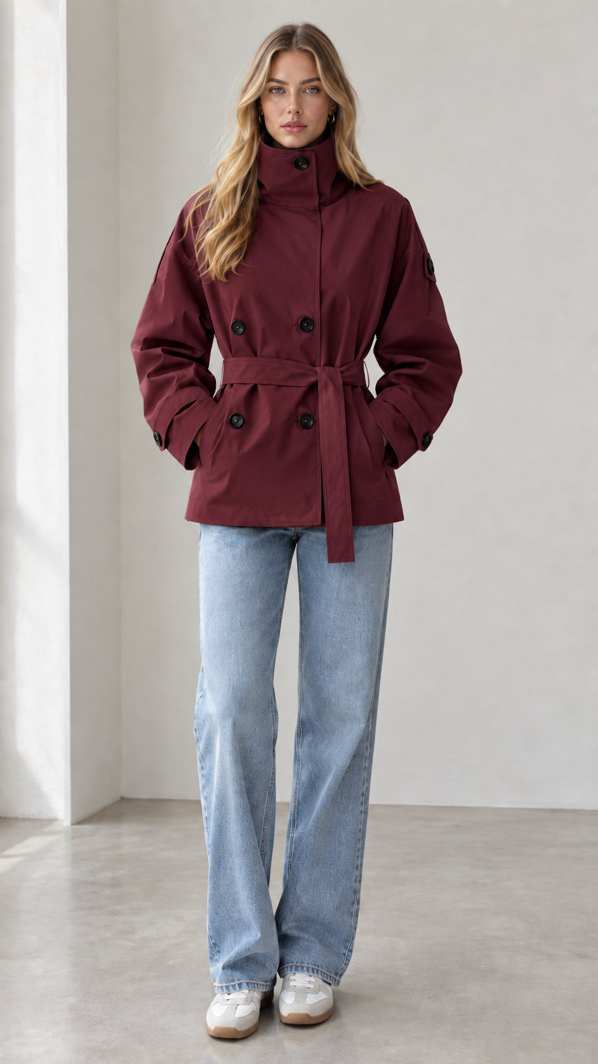 Model wearing burgundy wine red double-breasted short trench jacket