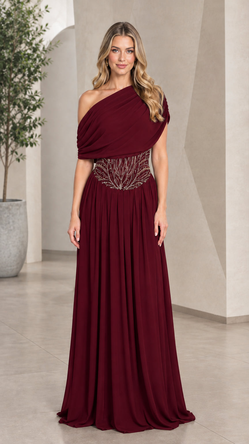 Burgundy wine red one-shoulder chiffon evening dress with beaded waist