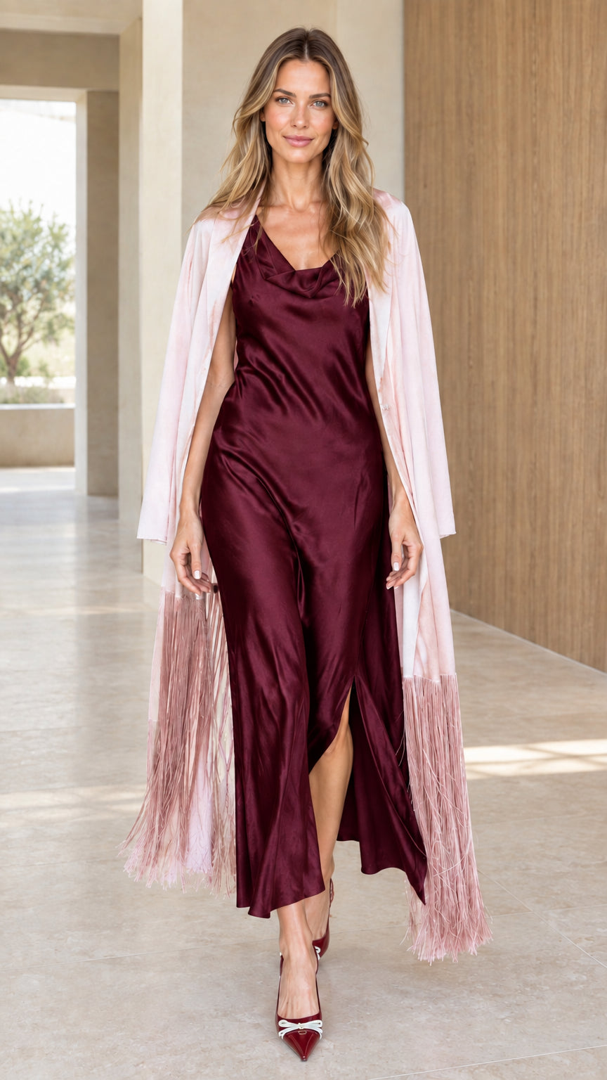 Burgundy wine satin maxi slip dress paired with blush pink fringe trim duster