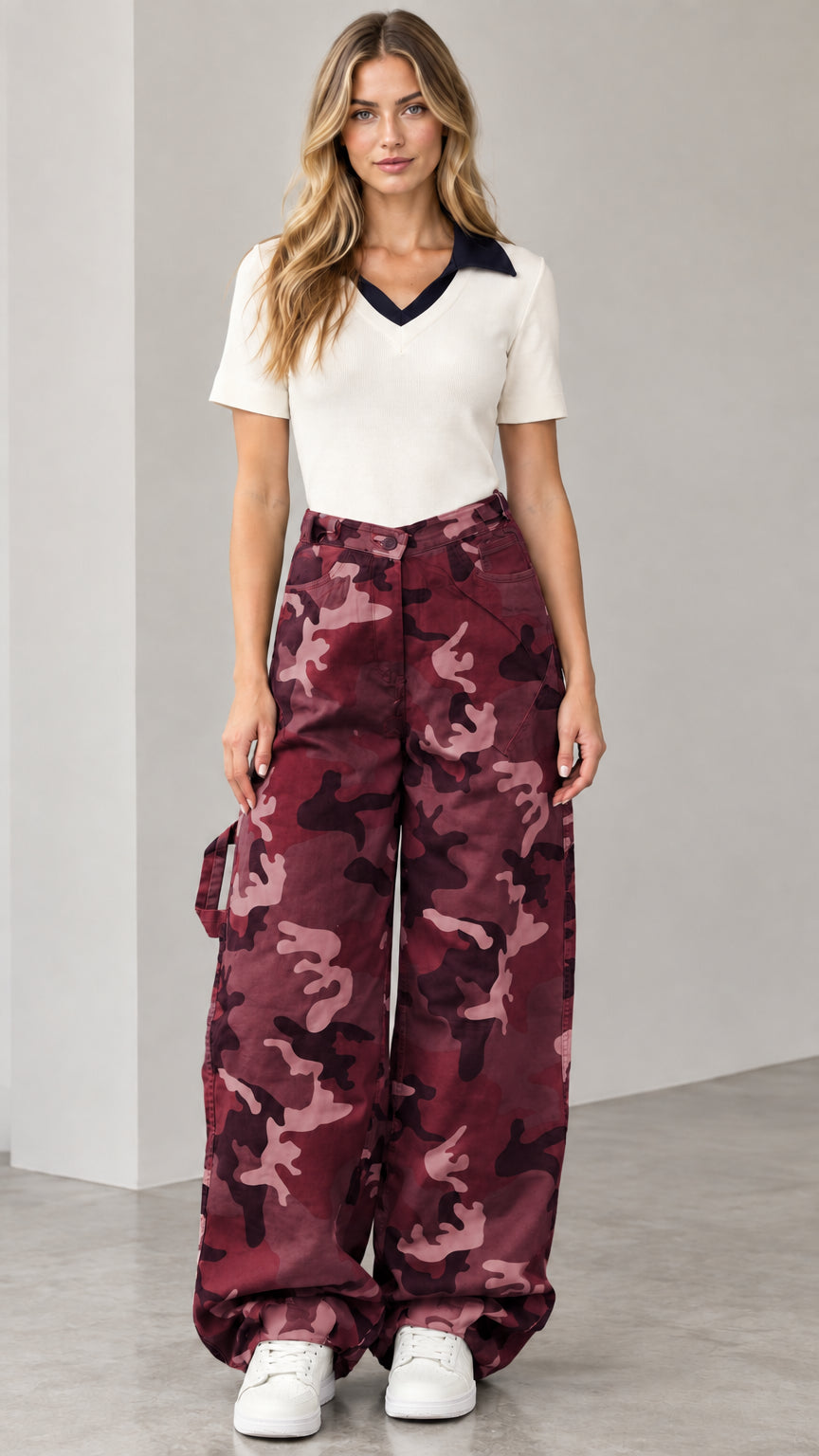 Model wearing burgundy wine camo baggy cargo pants