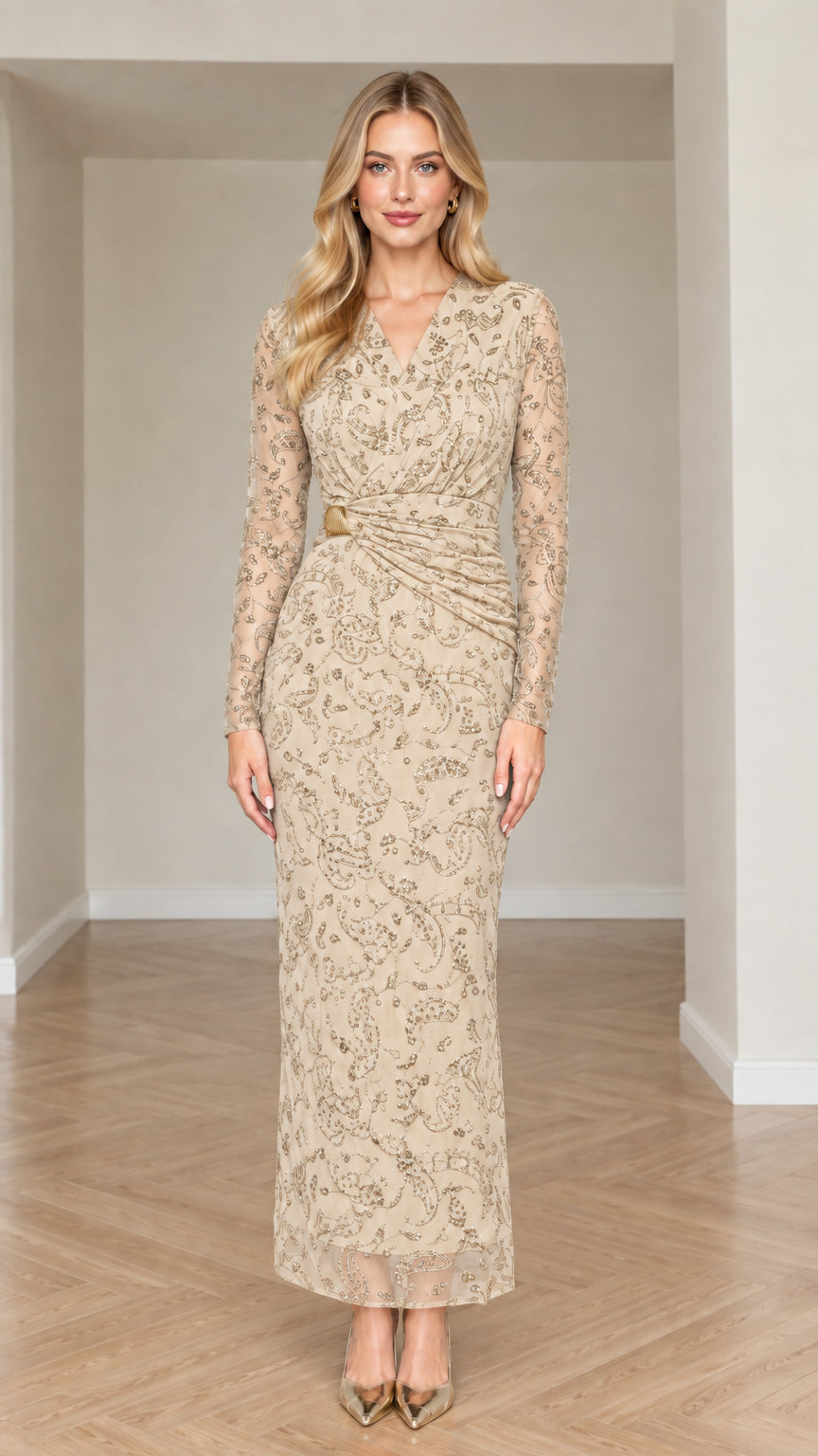 Front view of champagne beige long sleeve lace evening gown with waist accent