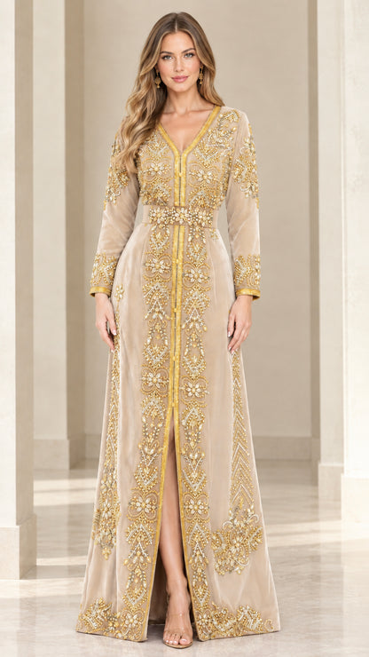 Champagne beige velvet kaftan dress with gold metallic embroidered detailing