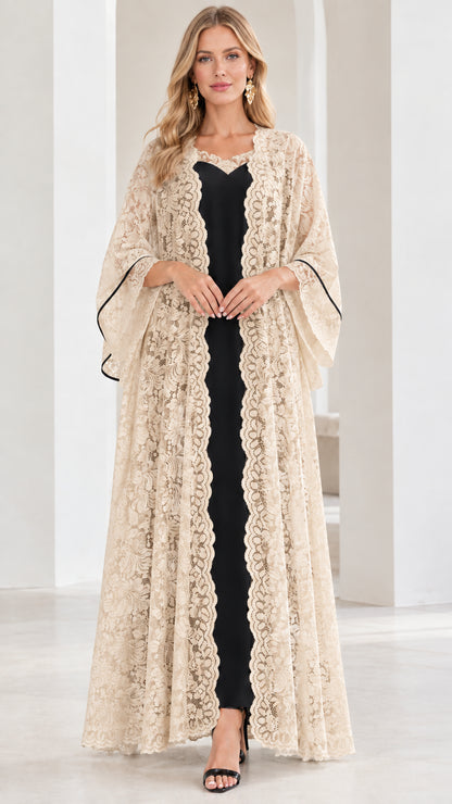 Model wearing champagne beige floral lace maxi coat over black inner dress