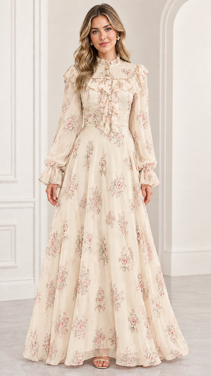 Full-length front view of woman wearing cream champagne floral high-neck maxi dress