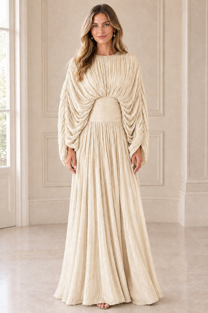 Front view of model wearing Cream ivory pleated draped cape sleeve maxi dress