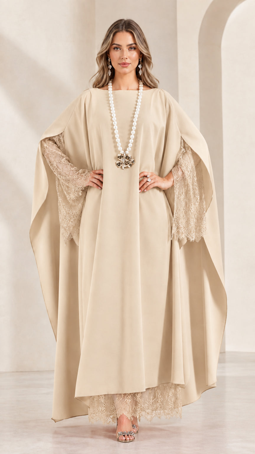 Front view of woman wearing elegant beige champagne cape sleeve maxi gown