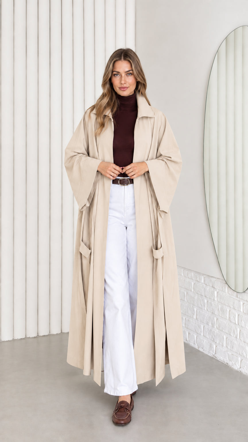 Women's elegant oversized maxi trench coat in light cream beige