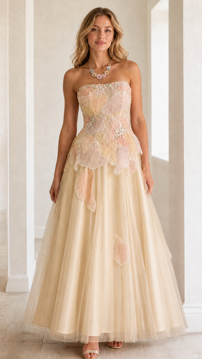 Front view of strapless champagne gold tulle ball gown with beaded petal bodice