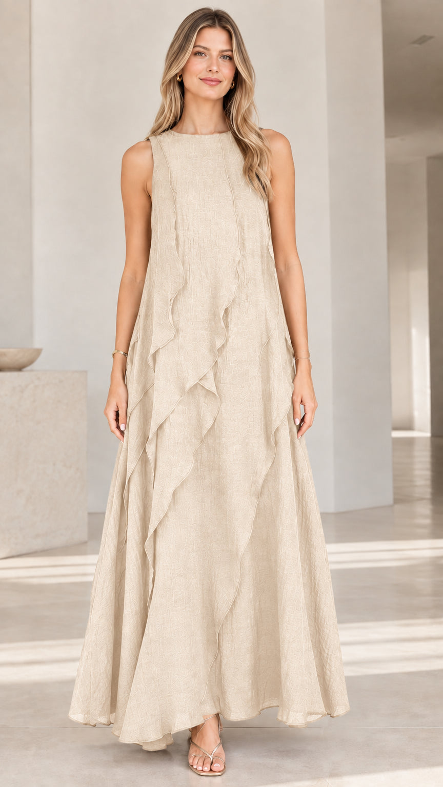 Full-length front view of woman wearing Beige textured sleeveless ruffle maxi dress