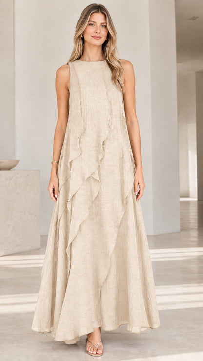 Full-length front view of woman wearing Beige textured sleeveless ruffle maxi dress