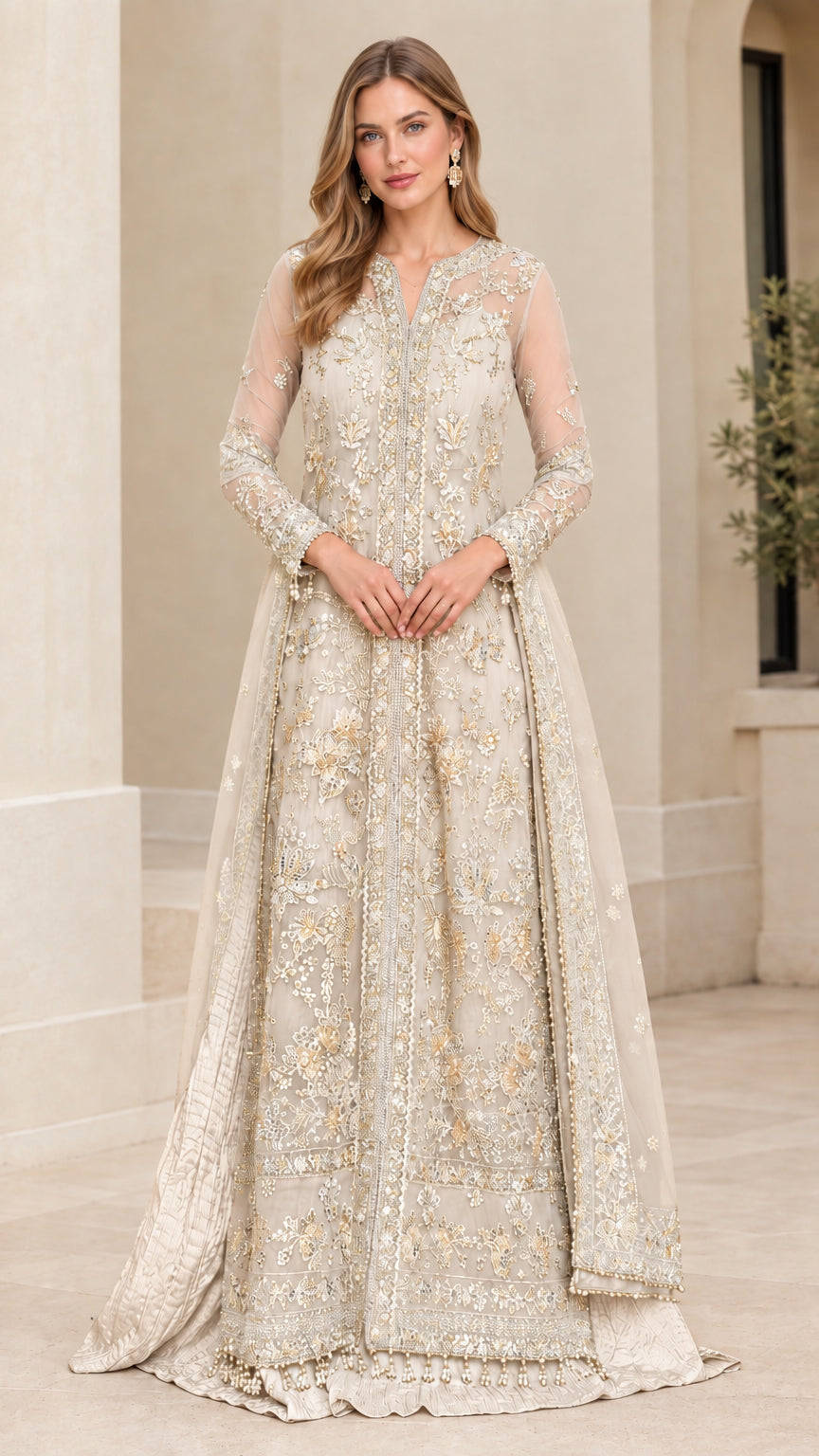 Model wearing champagne gold embroidered formal evening gown with sheer sleeves