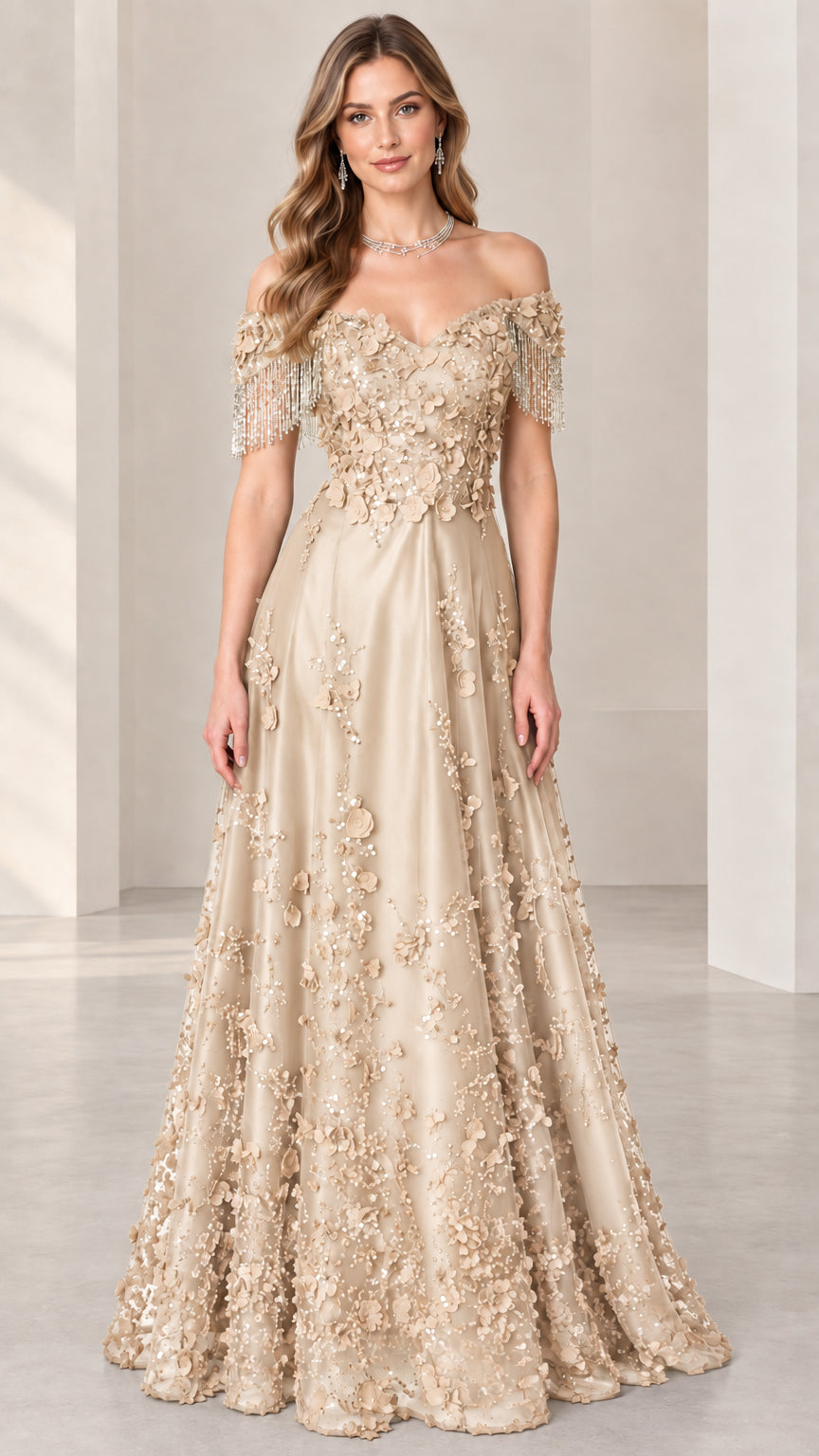Front view of champagne gold off-the-shoulder 3D floral evening gown