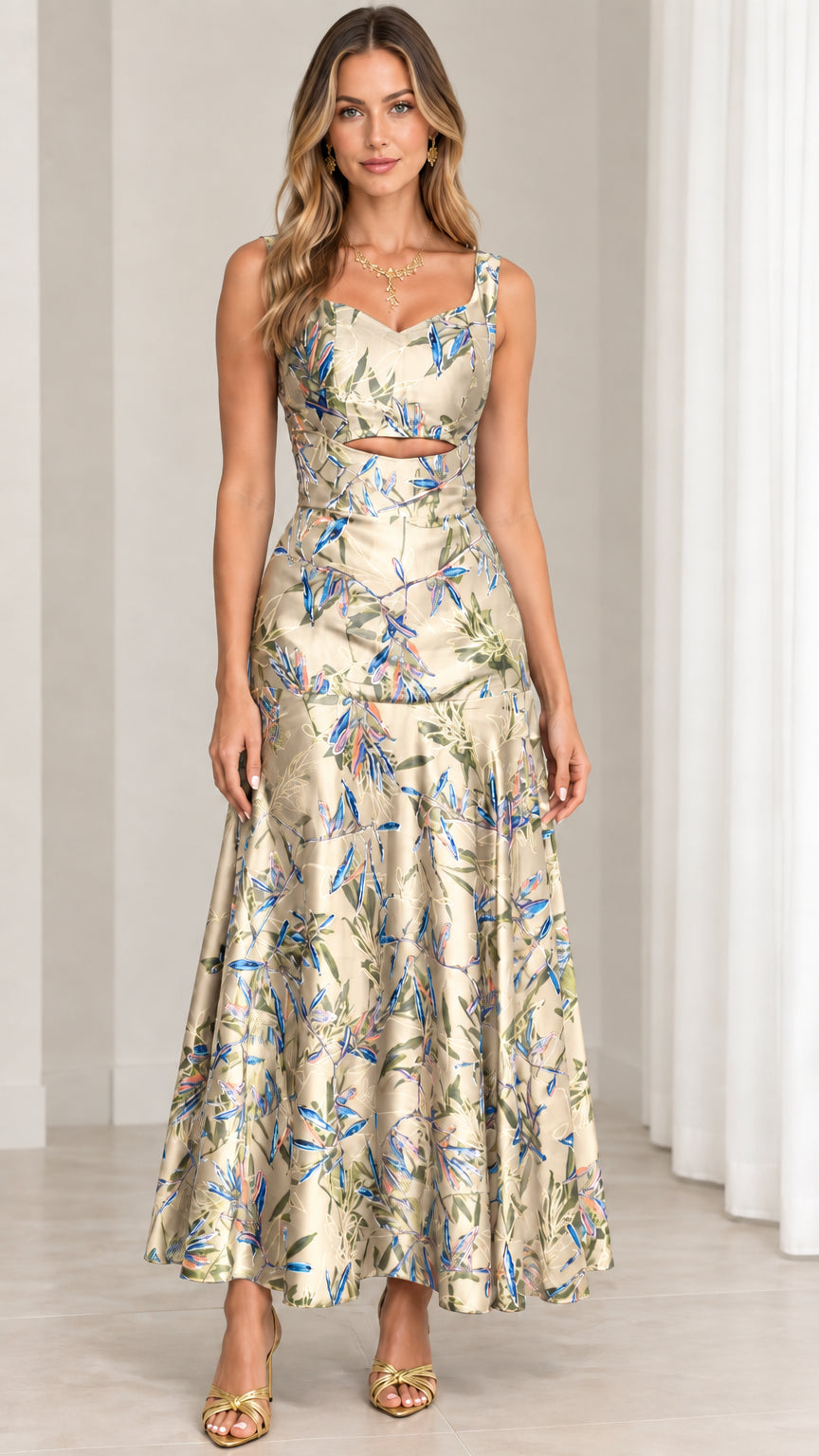 Front view of champagne gold floral print sleeveless cutout maxi dress