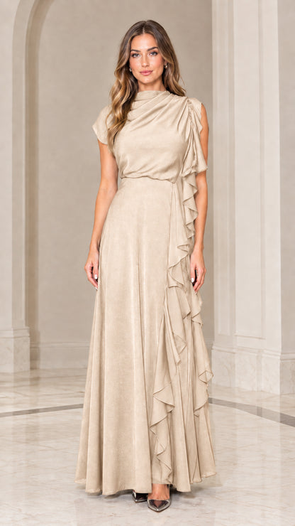 Champagne beige draped high neck floor-length formal dress