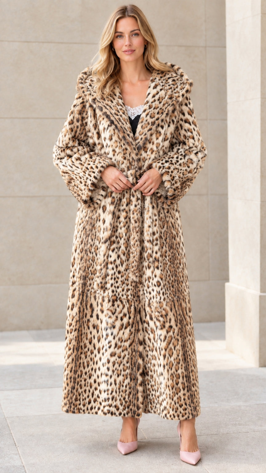 Full-length view of model wearing light beige leopard print hooded faux fur maxi coat