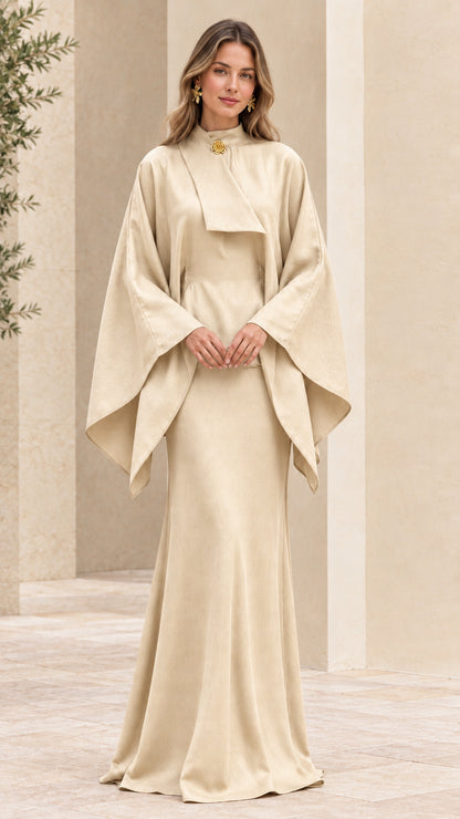 Full front view of champagne beige cape sleeve formal maxi dress