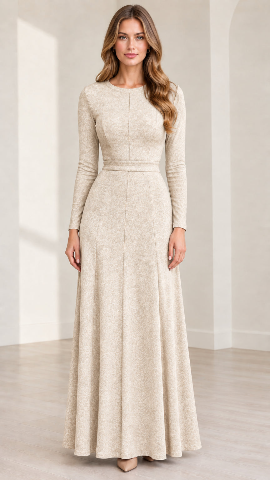 Front view of woman wearing Oatmeal beige long sleeve flared maxi dress