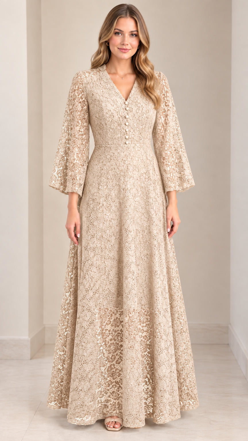 Front view of Champagne beige floral lace bell sleeve maxi evening dress