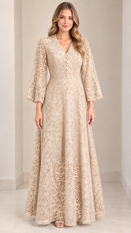 Front view of Champagne beige floral lace bell sleeve maxi evening dress