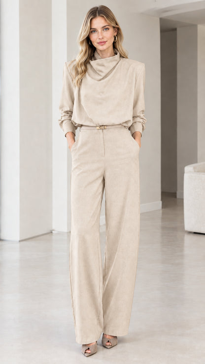 Beige Cream Long Sleeve Cowl Neck Wide Leg Belted Jumpsuit