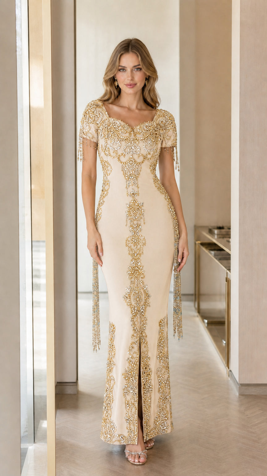 Front view of champagne cream floor-length formal gown with ornate gold embellishments