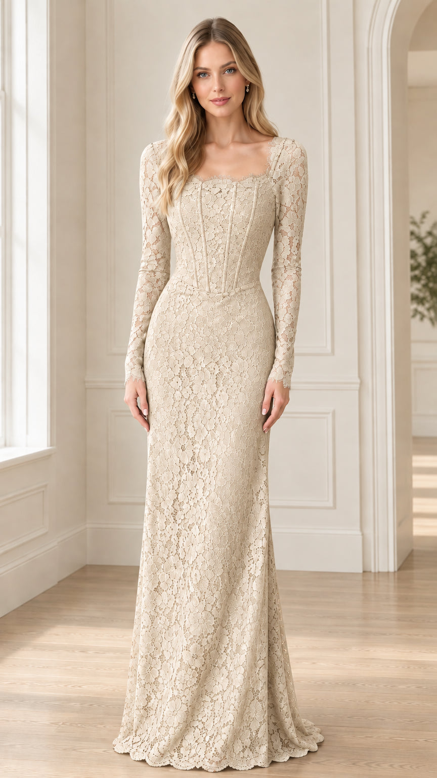 Front view of champagne beige long sleeve lace evening dress