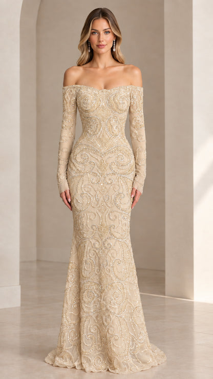 Front view of champagne gold beaded off-the-shoulder evening gown