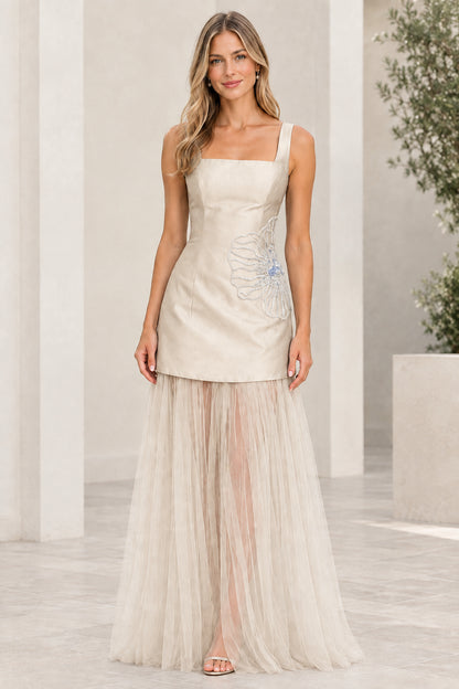 Front view of champagne ivory square neck evening gown with sheer tulle skirt