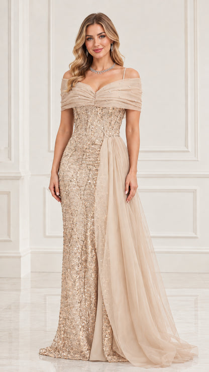 Model wearing champagne gold sequin off-the-shoulder formal gown